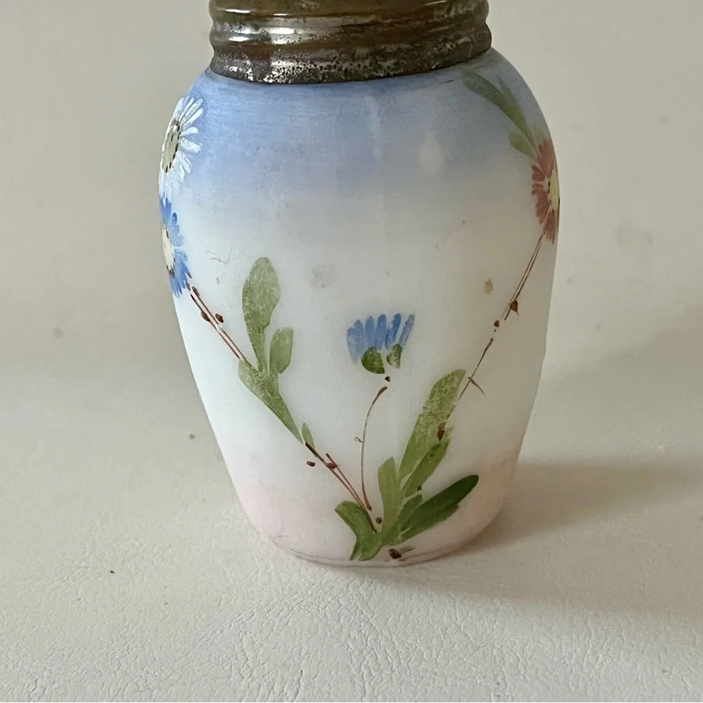 Hand-Painted Milk Glass Floral Salt Shaker with Metal Lid